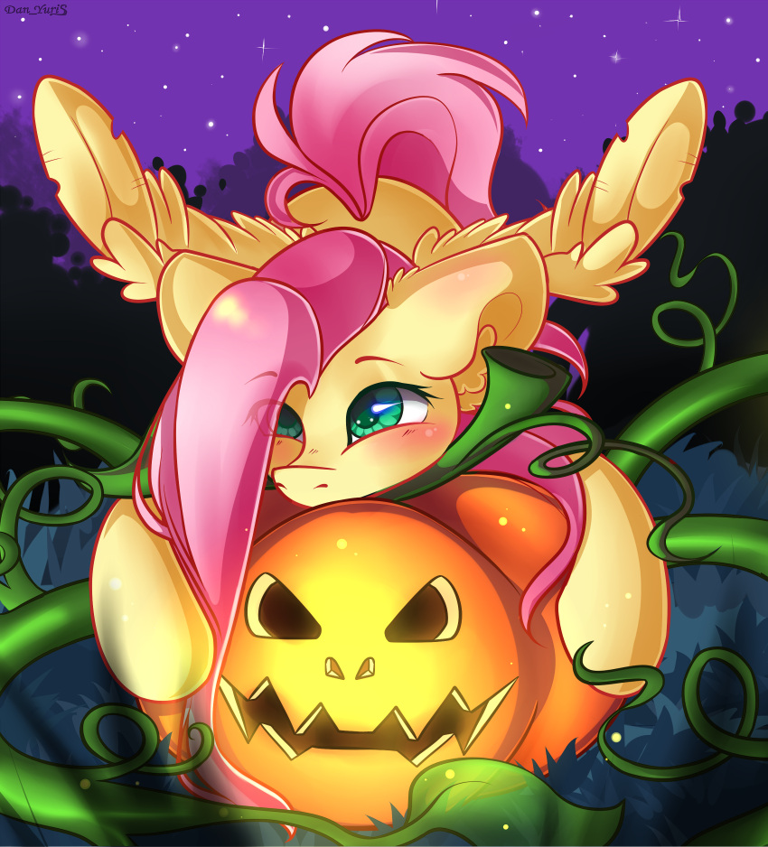 2023 absurd_res blush digital_media_(artwork) equid equine eyelashes feathers female feral fluttershy_(mlp) food friendship_is_magic fruit fur green_eyes hair halloween hasbro hi_res holidays inner_ear_fluff jack-o'-lantern leaf mammal my_little_pony pegasus pink_hair pink_tail plant pumpkin solo spread_wings tail tuft vines wings yellow_body yellow_feathers yellow_fur yuris_(artist)