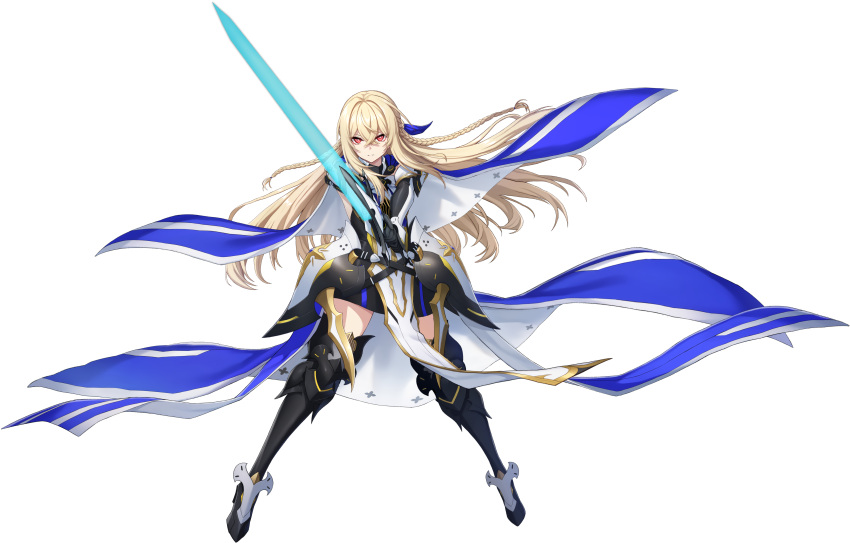 absurdres armor black_gloves blonde_hair cape counter:side facing_viewer full_body gloves highres hip_armor holding holding_sword holding_weapon long_hair mors_(counter:side) official_art red_eyes skirt sword tachi-e thighhighs transparent_background weapon