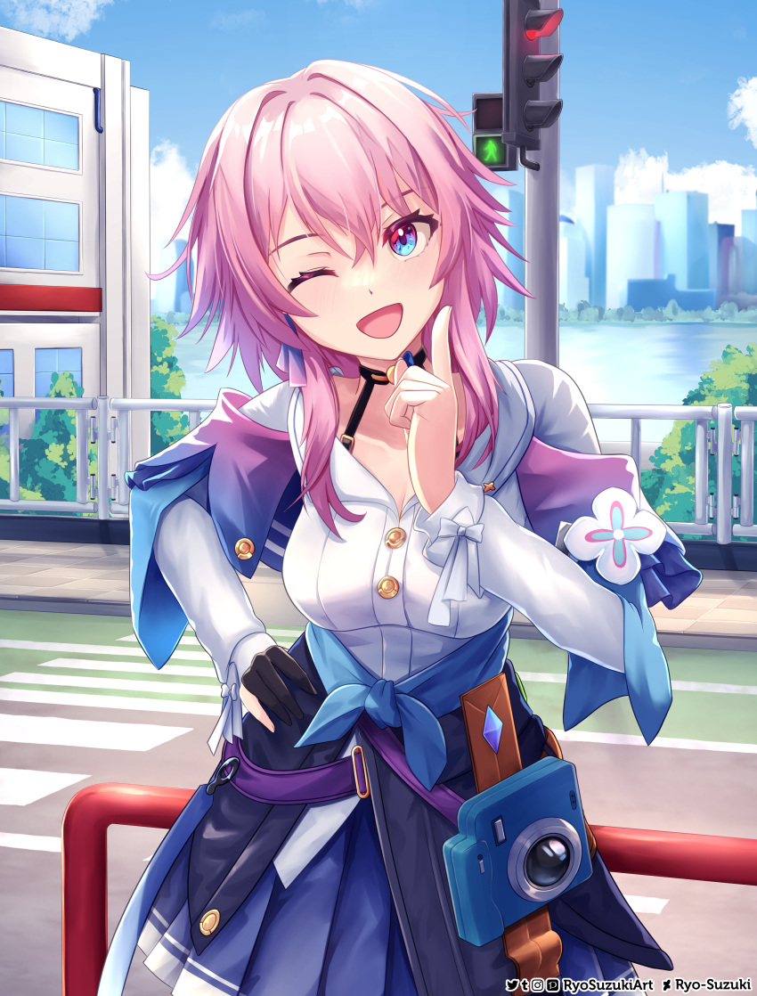 1girl ;d absurdres archery_shooting_glove artist_name black_choker blue_jacket blue_skirt blue_sky breasts building buttons camera choker city cleavage cloud collared_shirt cowboy_shot crosswalk day flower_ornament gradient_eyes halter_shirt halterneck highres honkai:_star_rail honkai_(series) jacket long_sleeves march_7th_(honkai:_star_rail) medium_breasts medium_hair multicolored_eyes one_eye_closed open_mouth outdoors pedestrian_lights pink_hair pointing pointing_up railing road ryo-suzuki shirt skirt sky smile solo street tied_jacket traffic_light two-tone_eyes water white_shirt white_sleeves