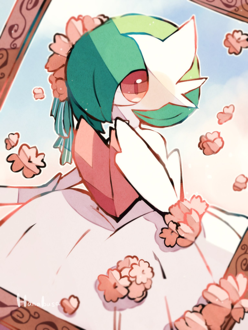 animal_focus artist_name blue_sky cloud colored_skin commentary_request flower gardevoir gardevoir_day green_hair green_ribbon hair_flower hair_ornament hanabusaoekaki highres looking_at_viewer mega_gardevoir mega_pokemon no_humans petals picture_frame pokemon pokemon_(creature) red_eyes ribbon sky solo white_skin