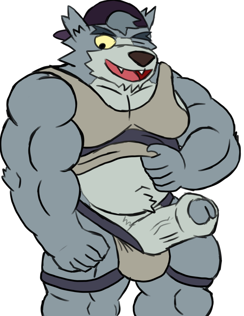 absurd_res amideo anthro backwards_hat canid canine canis cartoon_network clothing eyebrows genitals hat headgear headwear hi_res humanoid_genitalia humanoid_penis male mammal one_eye_closed penis shirt simple_background solo topwear we_baby_bears we_bare_bears white_background wolf wolf_(we_baby_bears)