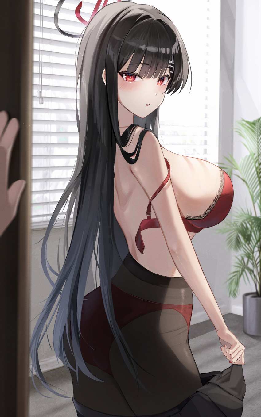 1girl 1other absurdres ass back black_hair blue_archive blunt_bangs blush bra breasts commentary_request hair_over_shoulder halo highres indoors jaduade large_breasts leaf long_hair looking_at_viewer looking_to_the_side open_mouth panties panties_under_pantyhose pantyhose pov red_bra red_eyes red_panties rio_(blue_archive) sideboob solo_focus standing underwear undone_bra undressing window window_blinds