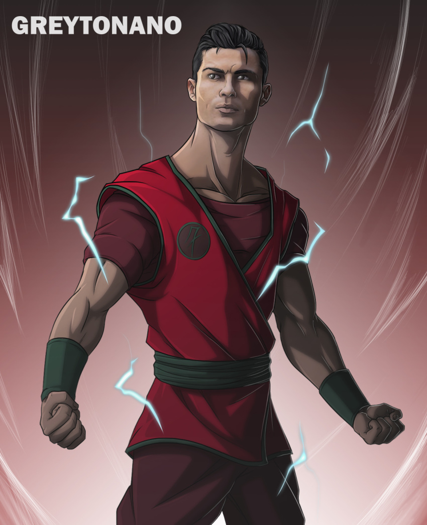 adidas alternate_costume artist_name black_eyes black_hair clenched_hand closed_mouth cristiano_ronaldo dougi green_wristband greytonano highres nike pants portugal real_life red_robe robe shirt short_hair short_sleeves soccer solo standing world_cup wristband