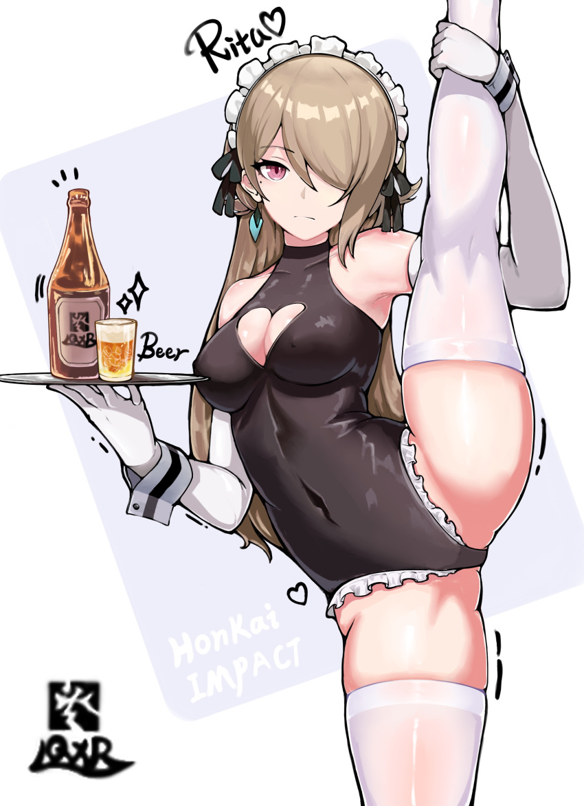1girl absurdres adapted_costume alcohol bare_shoulders beer bottle breasts brown_hair brown_leotard character_name cleavage cleavage_cutout closed_mouth clothing_cutout copyright_name covered_navel earrings elbow_gloves english_text glass gloves highres holding holding_tray honkai_(series) honkai_impact_3rd jewelry large_breasts leotard long_hair looking_at_viewer maid maid_headdress playboy_bunny purple_eyes rita_rossweisse rita_rossweisse_(phantom_iron) solo split standing standing_on_one_leg standing_split thighhighs tray very_long_hair white_background white_gloves white_thighhighs wrist_cuffs you_fujie_de_lin_yang