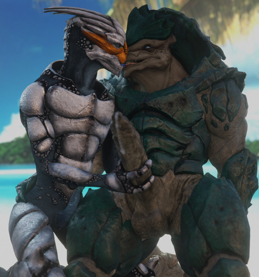 3d_(artwork) 4_balls alien balls beach big_balls big_penis bodily_fluids digital_media_(artwork) duo embrace erection foreskin genital_fluids genitals hand_on_hip handjob hi_res huge_balls huge_penis humanoid_genitalia humanoid_penis interspecies kissing kneeling krogan male male/male mass_effect multi_balls multi_genitalia muscular muscular_male not_furry nude open_mouth outside palm_tree penile penis plant precum rooking sand sea seaside sex sky tree turian water