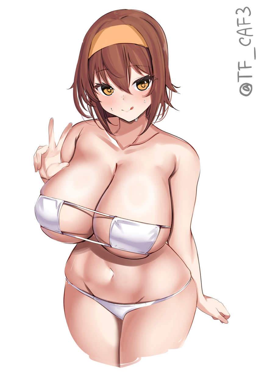 1girl alternate_breast_size bare_shoulders bikini breasts brown_hair cleavage collarbone cropped_legs curvy eyepatch_bikini hair_between_eyes hairband hand_up heart heart-shaped_pupils highres huge_breasts kantai_collection licking_lips looking_at_viewer medium_hair navel orange_hairband shiratsuyu_(kancolle) simple_background skindentation solo swimsuit symbol-shaped_pupils tf_cafe thighs tongue tongue_out twitter_username underboob w white_background white_bikini wide_hips