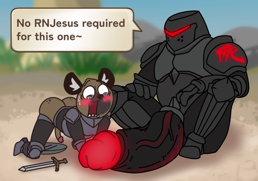 aggressive_retsuko all_fours anthro armor bare_butt big_penis black_armor blush blush_lines bodily_fluids brown_body brown_fur duo english_text erection eyebrows freckles_on_butt fur gaping_mouth genitals glans glowing glowing_genitalia glowing_markings glowing_penis haida half-erect headgear helmet hi_res huge_penis hyena hyper hyper_genitalia hyper_penis it'll_never_fit japanese_text kanji_on_clothing looking_at_genitalia looking_at_penis machine male male/male mammal markings mask melee_weapon mostly_clothed on_model open_mouth outside penis pink_glans power_armor raised_eyebrows red_glans sanrio shield shikabane sitting size_difference speech_bubble spiral_eyes spotted_hyena stuffedfonts surprise surprised_expression sweat sweatdrop sword text vein veiny_penis weapon