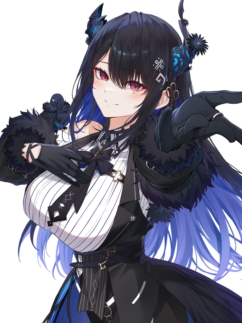 1girl absurdres animal_on_shoulder asymmetrical_horns bird bird_on_shoulder black_gloves black_hair blue_hair breasts colored_inner_hair fur_trim gloves hand_on_own_chest highres hololive hololive_english horns jewelry large_breasts long_hair mole mole_under_eye multicolored_hair nerissa_ravencroft red_eyes ring shadow_(nerissa_ravencroft) smile tang-du virtual_youtuber white_background