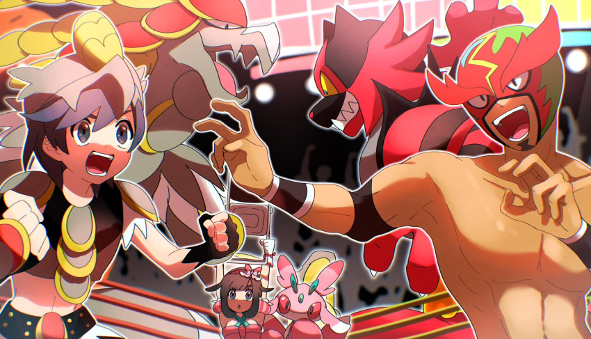 1girl 2boys :d aria_pkmn arms_up black_eyes black_gloves black_wristband clenched_hands collarbone commentary elio_(pokemon) facial_hair fingerless_gloves gloves goatee grey_eyes highres holding incineroar kommo-o lurantis mask masked_royal multiple_boys open_mouth pokemon pokemon_(creature) pokemon_(game) pokemon_sm selene_(pokemon) smile symbol-only_commentary teeth tongue topless_male wrestling_ring