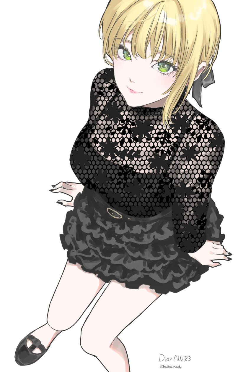 1girl arm_support bare_legs black_shirt black_skirt blonde_hair blush breasts fingerless_gloves fishnet_top fishnets foot_out_of_frame frilled_skirt frills gloves green_eyes highres hukka_(hukka_ready) idolmaster idolmaster_cinderella_girls invisible_chair looking_at_viewer medium_breasts miyamoto_frederica nail_polish parted_lips see-through see-through_shirt shirt short_hair simple_background single_sidelock sitting skirt smile solo twitter_username white_background