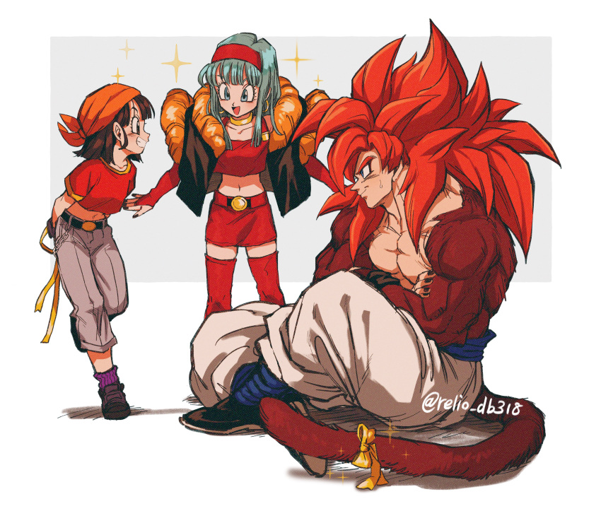 2girls absurdres aqua_eyes aqua_hair belt black_belt bra_(dragon_ball) dragon_ball dragon_ball_gt gogeta hairband highres multiple_girls navel on_floor open_mouth pan_(dragon_ball) red_hair red_hairband relio_db318 shadow simple_background teeth white_background