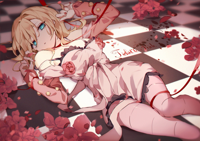 bare_shoulders blonde_hair blood_on_ground blue_eyes breasts checkered_floor collarbone dress feet_out_of_frame flower hand_up highres jojo_no_kimyou_na_bouken long_bangs long_hair long_sleeves looking_at_viewer lucy_steel lying medium_breasts nail_polish off_shoulder on_back pantyhose red_flower red_nails red_ribbon ribbon sen_(5710265) sidelocks sleeveless sleeveless_dress steel_ball_run strap_slip white_dress white_pantyhose