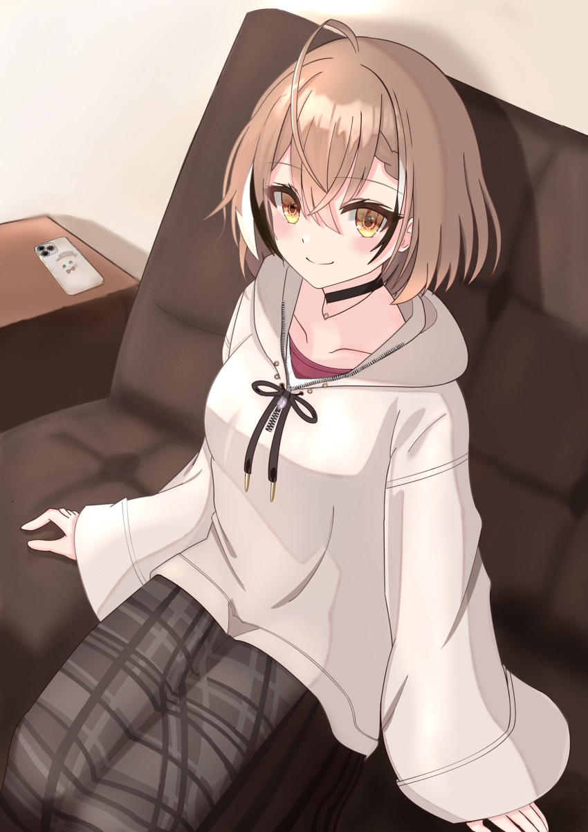 1girl ahoge black_choker bow bowtie braid braided_bangs brown_eyes brown_hair brown_hoodie brown_skirt cellphone choker couch crossed_bangs friend_(nanashi_mumei) hat highres hololive hololive_english hood hoodie jewelry long_skirt looking_at_viewer multicolored_hair nanashi_mumei nanashi_mumei_(3rd_costume) naqkir725 necklace official_alternate_costume official_alternate_hairstyle oversized_clothes phone plaid plaid_skirt pleated_skirt red_shirt shirt short_hair sitting skirt sleeves_past_wrists smartphone smile streaked_hair sweater top_hat virtual_youtuber white_sweater wide_sleeves