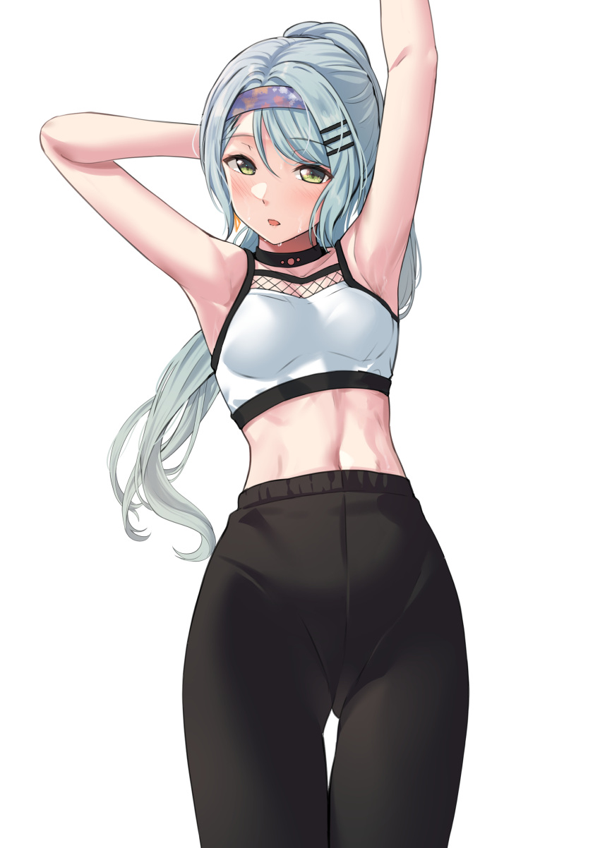 1girl absurdres alternate_hairstyle aqua_hair arm_behind_head armpits arms_up bang_dream! bare_arms bare_shoulders black_choker black_pants blush breasts choker commentary cowboy_shot crop_top fishnet_top fishnets green_eyes hair_between_eyes hair_ornament hairband hairclip high-waist_pants highres hikawa_sayo long_hair looking_ahead medium_breasts midriff navel outstretched_arm pants ponytail ptal purple_hairband shirt simple_background sleeveless sleeveless_shirt solo standing stomach sweat swept_bangs symbol-only_commentary white_background white_shirt