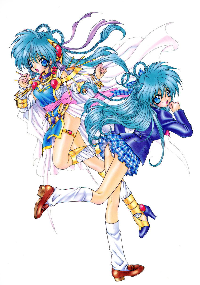 1990s_(style) 1girl aqua_hair back_bow blazer blue_eyes blue_hair bow bracelet braid brown_footwear can_can_bunny can_can_bunny_extra detached_sleeves dual_persona gold_trim high_heels highres jacket jewelry kneehighs loafers long_hair long_sleeves miniskirt non-web_source open_mouth panties pantyshot pink_bow plaid plaid_skirt pleated_skirt ramiya_ryou retro_artstyle school_uniform serafuku shoes simple_background skirt socks swatty_(can_can_bunny) thighlet underwear white_background white_socks