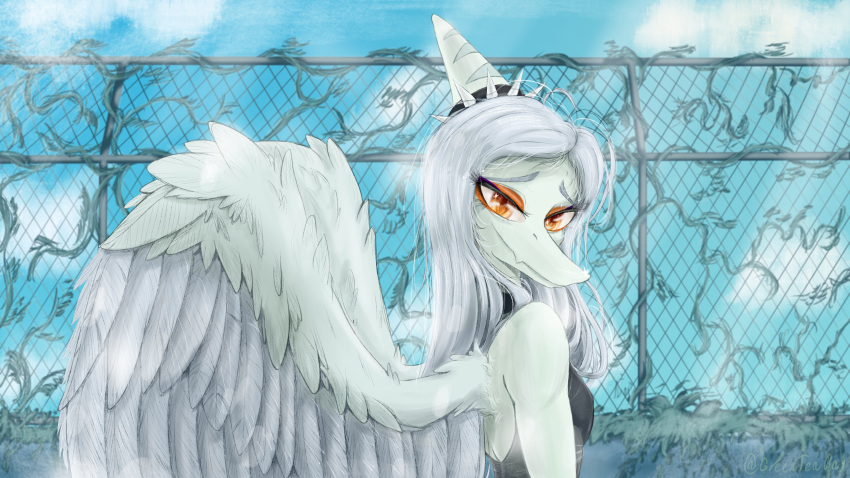 16:9 4k absurd_res amber_eyes anthro blue_body blue_feathers blue_scales bone_frill breasts chain-link_fence cloud colored detailed_background eyeshadow fang_(gvh) feathered_wings feathers female fence frill_(anatomy) goodbye_volcano_high greenteabay grey_body grey_feathers hair halter_top hi_res looking_at_viewer looking_back looking_back_at_viewer makeup plant pterodactylus pterosaur reptile scales scalie silver_hair smile smiling_at_viewer snoot_game snout solo spiked_hairband vines widescreen wings