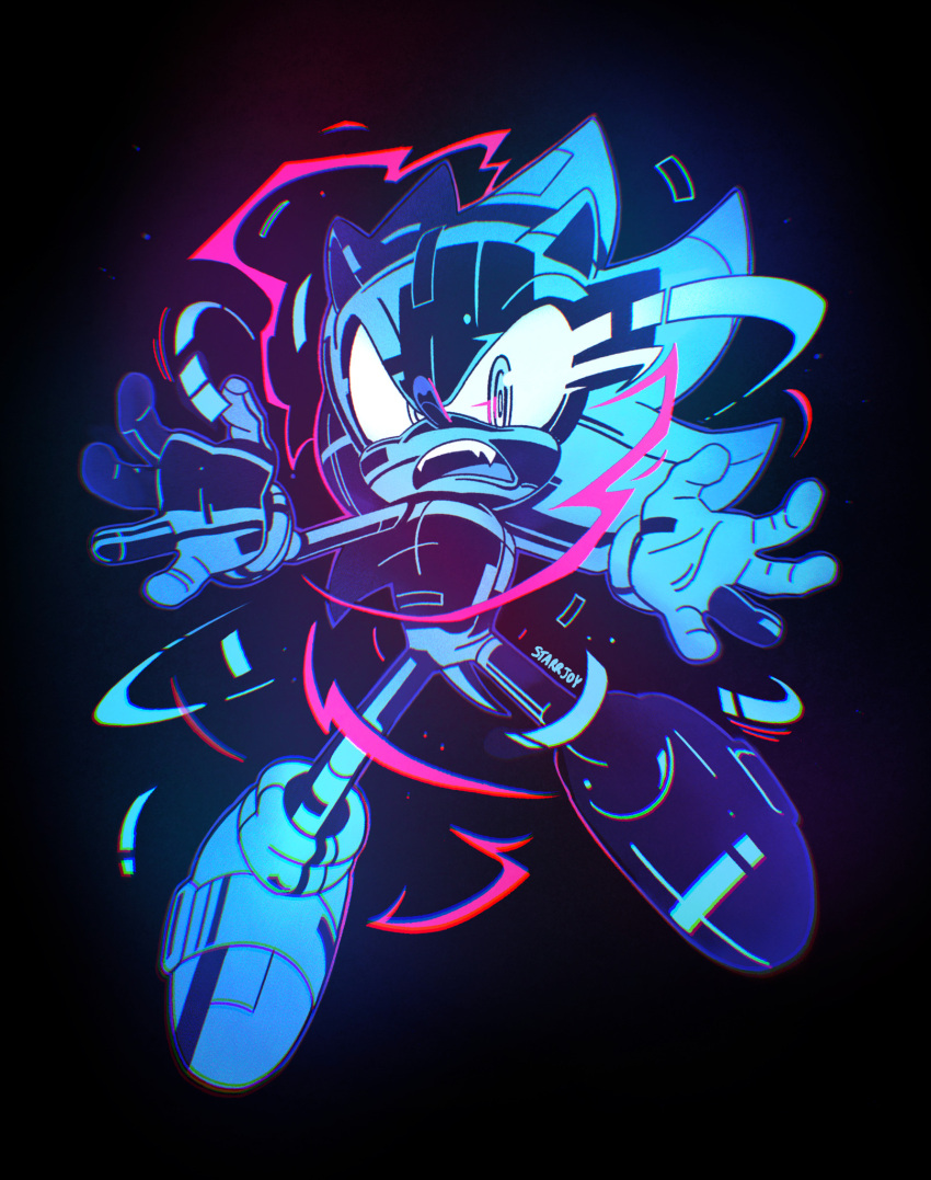 1boy artist_name black_background blue_eyes commentary electricity energy english_commentary fang full_body furry furry_male gloves highres looking_at_viewer male_focus open_mouth ringed_eyes shoes simple_background solo sonic_(series) sonic_frontiers sonic_the_hedgehog spoilers starrjoy super_sonic super_sonic_cyber teeth tongue upper_teeth_only v-shaped_eyebrows