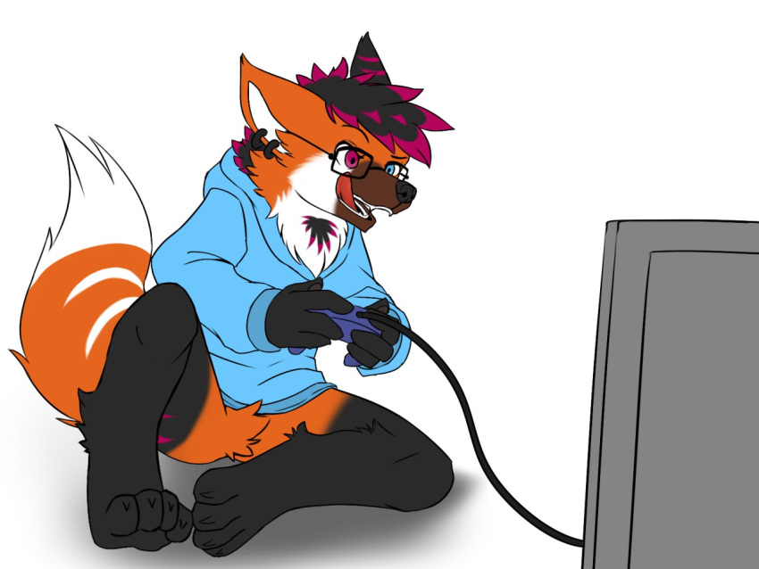 4:3 anthro black_body black_fur black_hair black_nose blue_clothing blue_eyes blue_hoodie blue_topwear bottomwear canid clothing controller crotch_tuft ear_piercing ear_ring eyewear fangs fur gaming glasses hair heterochromia holding_controller holding_object hoodie kuttoyaki licking licking_lips licking_own_lips male mammal multicolored_hair open_mouth orange_body orange_fur piercing playing_videogame purple_eyes purple_hair ring_piercing simple_background sitting solo spread_legs spreading striped_ears teeth tongue tongue_out topwear tuft two_tone_hair wearing_glasses white_background white_body white_fur