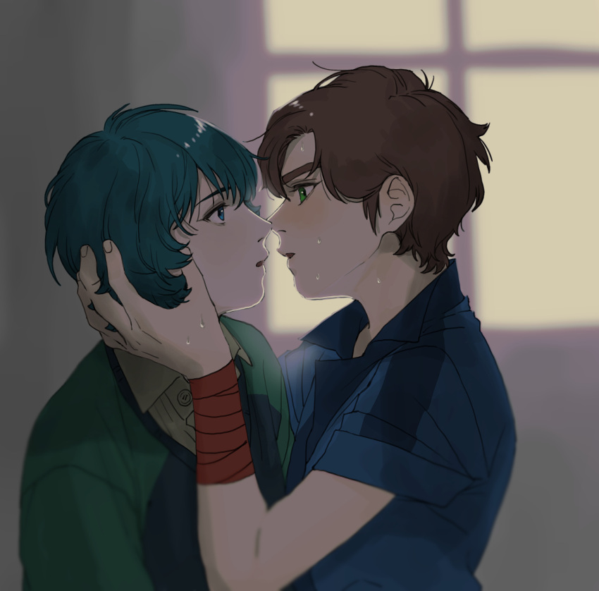 2boys bandaged_arm bandages blue_eyes blue_hair blue_shirt blue_sweater blurry blush breath brown_hair collared_shirt commentary_request eye_contact face-to-face green_eyes green_sleeves grey_background gundam gundam_zz hand_on_another's_cheek hand_on_another's_face imminent_kiss judau_ashta kamille_bidan long_sleeves looking_at_another male_focus multiple_boys noses_touching parted_lips raglan_sleeves shirt short_hair short_sleeves simple_background sweat sweater thick_eyebrows upper_body ususio_11 window yaoi yellow_shirt