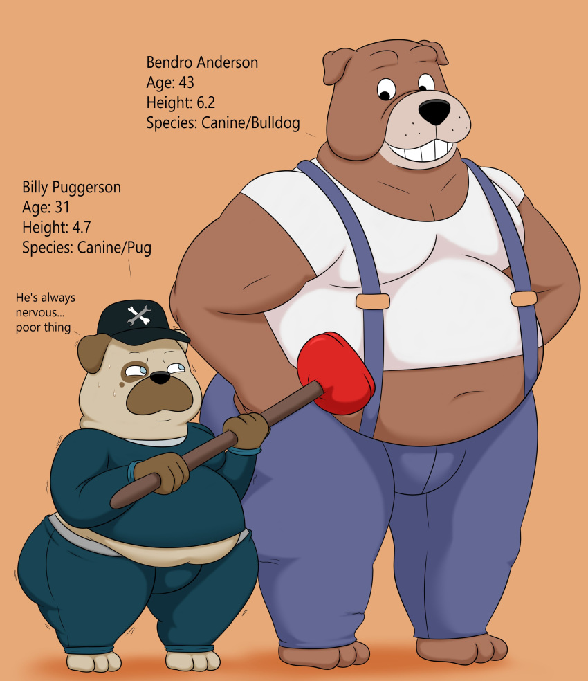 2023 absurd_res anthro barefoot bendro_(colossalstars) big_butt billy_(colossalstars) black_clothing black_eyes black_hat black_headwear black_nose blue_clothing blue_eyes blue_overalls bodily_fluids bottomwear brown_body brown_ears brown_fur bulldog butt canid canine canis clothed clothing colossalstars digital_media_(artwork) domestic_dog duo english_text feet fur green_bottomwear green_clothing green_pants green_shirt green_topwear half-closed_eyes hands_on_hips hat headgear headwear hi_res holding_object looking_at_another male mammal mastiff mismatched_ears molosser multicolored_body multicolored_fur narrowed_eyes obese obese_anthro obese_male orange_background overalls overweight overweight_anthro overweight_male pants plumber plunger pug shirt simple_background size_difference small_molosser smile standing sweat symbol t-shirt tan_body tan_ears tan_fur teeth text thick_thighs three-quarter_view topwear toy_dog two_tone_body two_tone_fur white_clothing white_shirt white_t-shirt white_topwear