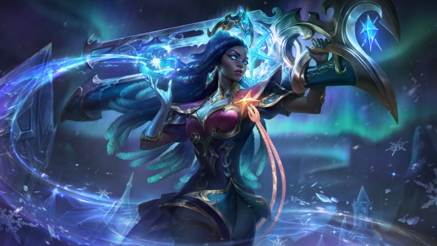 1girl absurdres aurora black_hair blue_eyes closed_mouth dark-skinned_female dark_skin dreadlocks earrings glowing glowing_eyes glowing_weapon gun highres holding holding_gun holding_weapon jewelry league_of_legends looking_ahead night night_sky official_alternate_costume official_alternate_hairstyle official_art outdoors senna_(league_of_legends) sky snowflakes snowing solo weapon wind winterblessed_senna