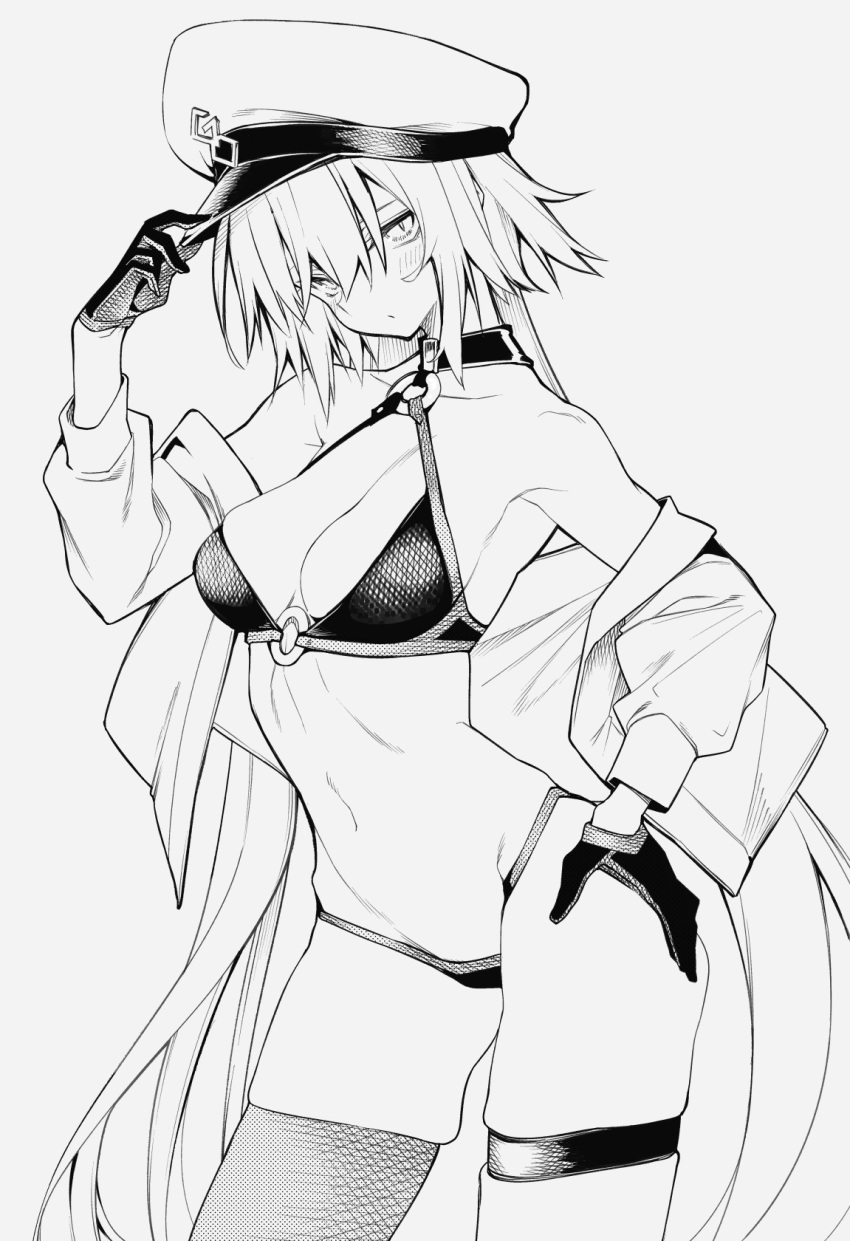 10mo 1girl bikini blush breasts cowboy_shot fate/grand_order fate_(series) gloves greyscale halterneck hat highleg highleg_bikini highres jacket jacket_partially_removed jeanne_d'arc_alter_(fate) jeanne_d'arc_alter_(swimsuit_berserker)_(fate) long_hair long_sleeves looking_at_viewer medium_breasts monochrome navel peaked_cap simple_background sketch skindentation solo swimsuit thigh_strap