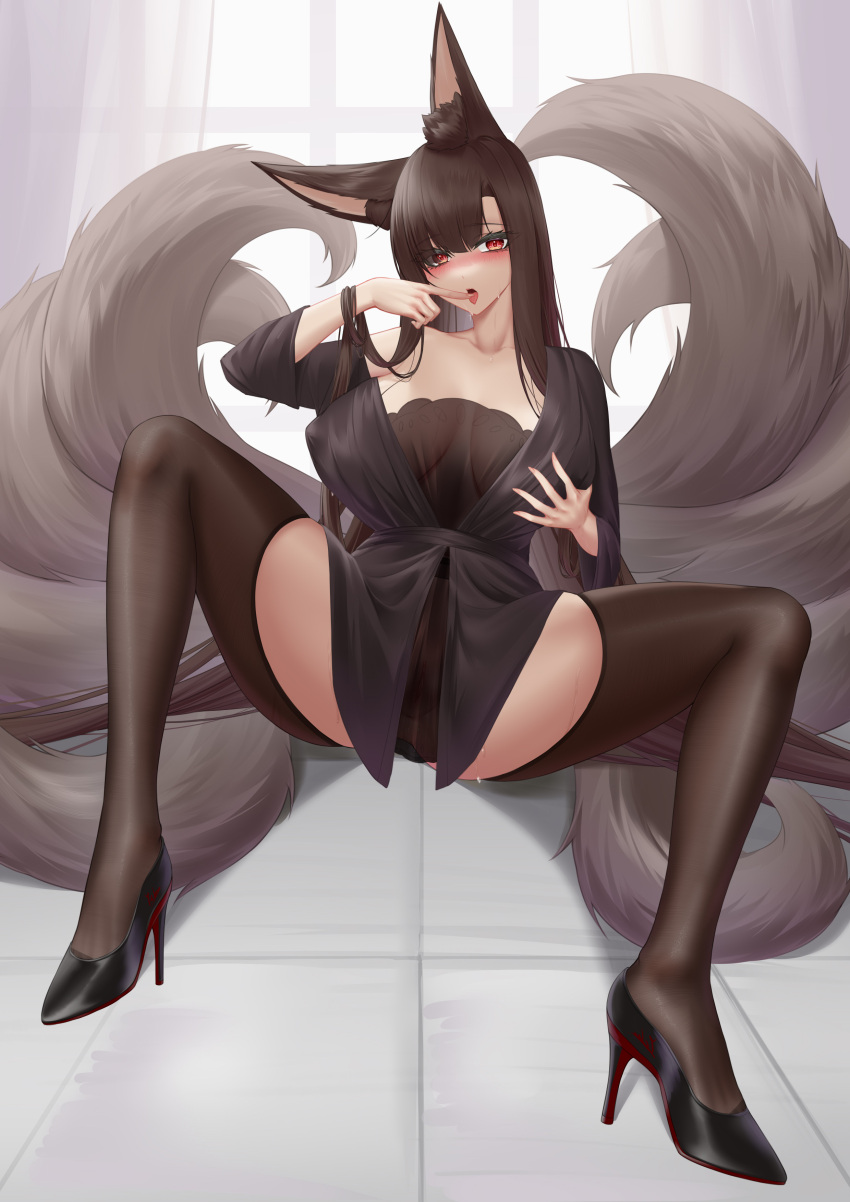 1girl absurdres akagi_(azur_lane) animal_ears azur_lane bare_shoulders blush breasts brown_hair collar commentary_request covered_nipples dress finger_to_mouth fox_ears fox_girl fox_tail full_body grabbing_own_breast hair_between_eyes hand_up high_heels highres ichikushi_mojibake kitsune large_breasts leash legs licking licking_finger long_hair looking_at_viewer m_legs multiple_tails no_bra no_panties off_shoulder pussy red_eyes see-through see-through_dress sitting skindentation slit_pupils solo spread_legs tail thighhighs thighs very_long_hair