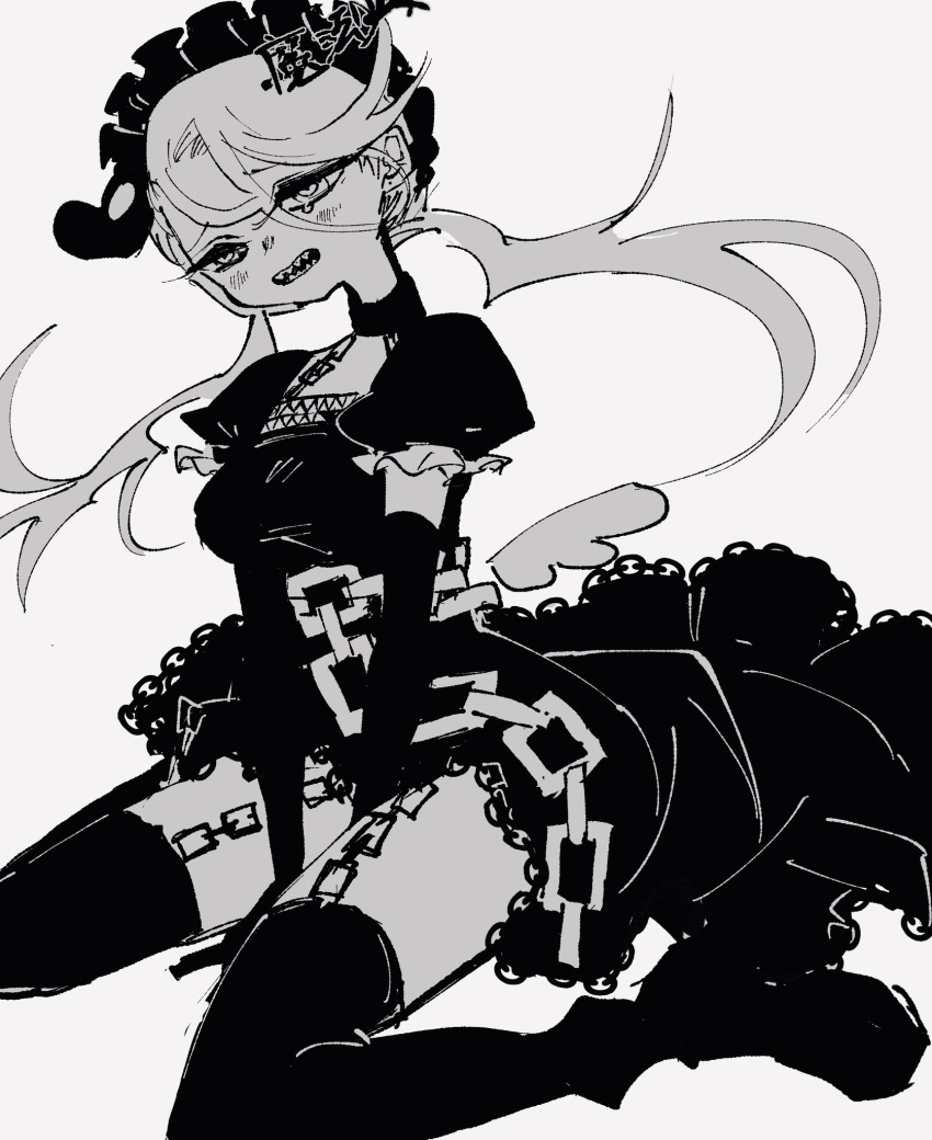 1girl between_legs blush boots breasts chain dress elbow_gloves frilled_sleeves frills gloves greyscale hair_between_eyes hand_between_legs heart highres impaled lace long_hair looking_at_viewer low_twintails magical_girl maid_headdress monochrome open_mouth puffy_short_sleeves puffy_sleeves rui_(tai_sekaiyou_mahou_shoujo_tsubame) seiza sharp_teeth short_sleeves simple_background sitting small_breasts solo tai_sekaiyou_mahou_shoujo_tsubame tears teeth thighhighs twintails una_(mazinger) wings
