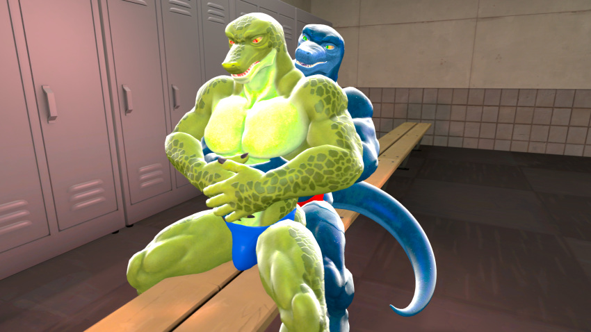 3d_(artwork) anthro bathroom clothing digital_media_(artwork) duo hi_res lizard lizard_(petruz) male male/male maxdigipower muscular petruz_(copyright) reptile scalie source_filmmaker underwear