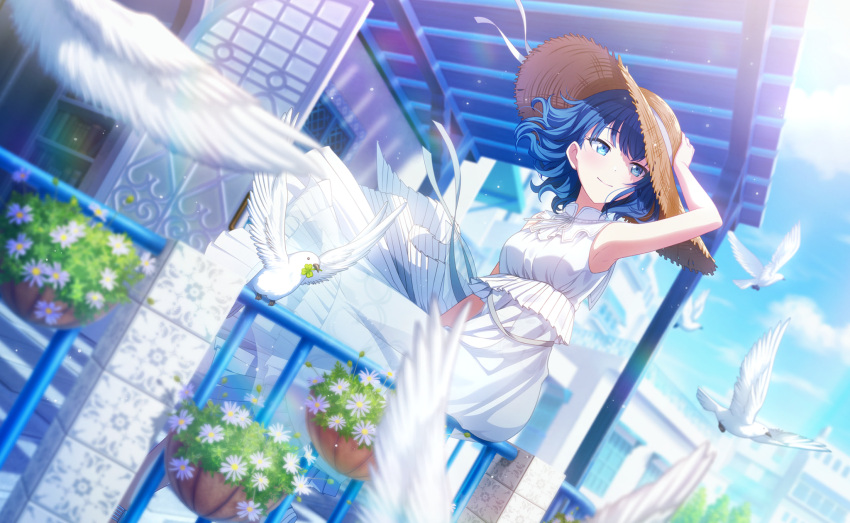 1girl armpits bird blue_eyes blue_hair blue_sky clover colorful_festival_(project_sekai) colorful_palette dove dress flower flower_pot happy hat hat_ribbon highres holding holding_clothes holding_hat kiritani_haruka light_particles looking_to_the_side official_art outdoors project_sekai ribbon rooftop sidelocks sitting_on_railing sky sleeveless sleeveless_dress smile solo sun_hat sundress sunlight third-party_source town white_dress white_flower window