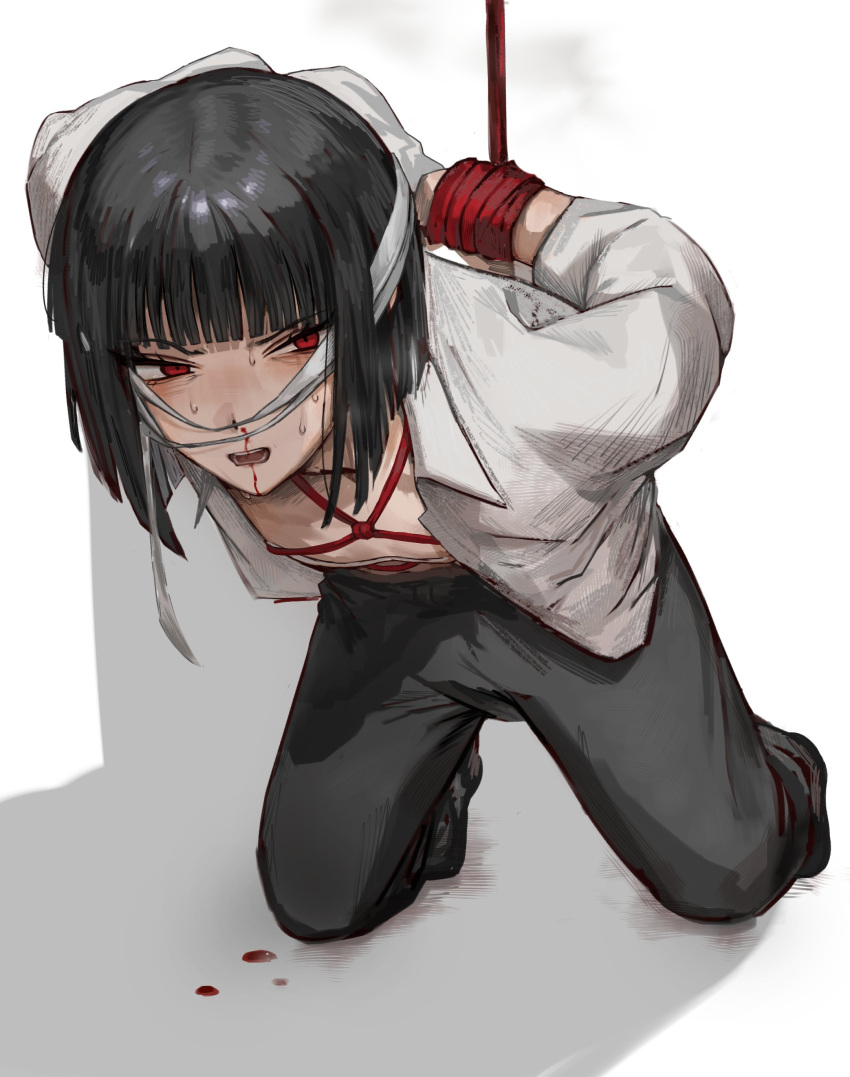 1girl absurdres angry bandages black_footwear black_hair black_pants blood bob_cut bound bound_arms highres kneeling limbus_company looking_at_viewer na-gyou_(nunumaru) nosebleed open_mouth pants project_moon red_eyes ryoshu_(limbus_company) shadow shibari shoes short_hair simple_background solo sweat white_background