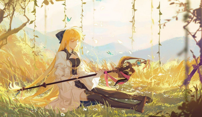 1girl ahoge artoria_caster_(fate) artoria_caster_(third_ascension)_(fate) artoria_pendragon_(fate) black_footwear blonde_hair blue_bow bow breasts closed_eyes closed_mouth dress fate/grand_order fate_(series) full_body grass hair_bow holding holding_staff long_dress long_hair multicolored_clothes multicolored_dress non-web_source on_grass ornament pink_ribbon ribbon road sitting small_breasts smile staff street tree very_long_hair white_dress