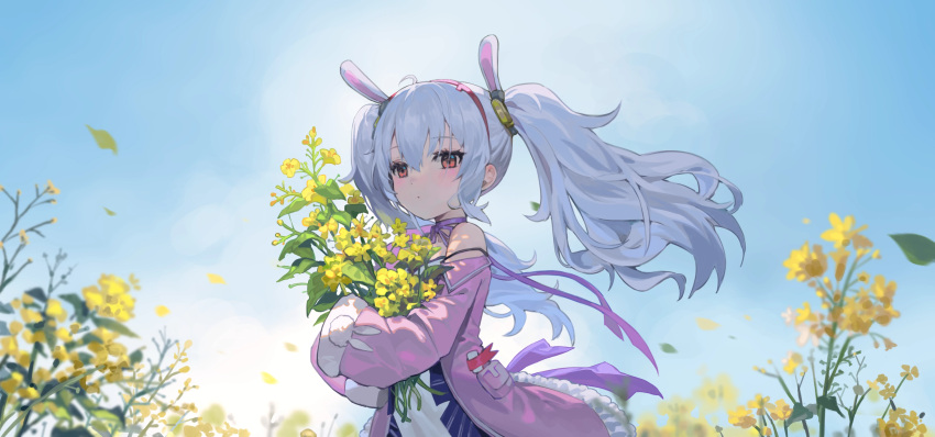 1girl absurdres animal_ears azur_lane blue_sky blush camisole choker closed_mouth commentary dot_mouth dysoor english_commentary fake_animal_ears flower hairband highres holding holding_flower jacket laffey_(azur_lane) leaf long_hair long_sleeves open_clothes open_jacket outdoors pink_jacket purple_choker rabbit_ears red_hairband ribbon_choker sky solo strap_slip twintails upper_body white_hair