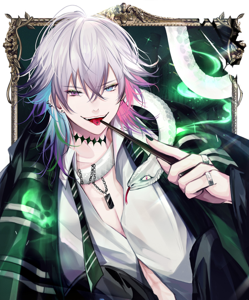 1boy :p absurdres animal_around_neck black_choker black_jacket black_nails black_robe blue_eyes blue_hair choker collared_shirt crown_(artist) dog_tags ear_piercing earrings forked_tongue gavis_bettel green_necktie green_scarf grey_hair hair_between_eyes hair_flaps heterochromia highres holding holding_wand holostars holostars_english jacket jewelry looking_at_viewer magic male_focus medium_hair multiple_rings nail_polish necklace necktie open_clothes open_jacket partially_unbuttoned picture_frame piercing pink_eyes pink_hair ring robe scarf shirt slytherin smile snake solo striped striped_necktie striped_scarf stud_earrings tongue tongue_out tongue_piercing undone_necktie upper_body virtual_youtuber wand white_shirt white_snake wizarding_world