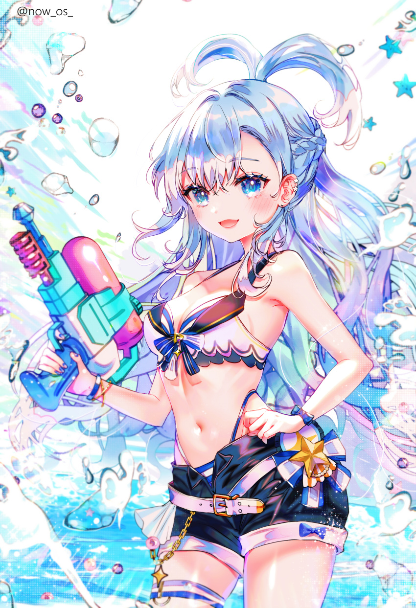 1girl absurdres air_bubble alternate_costume bare_arms bare_shoulders belt bikini bikini_under_clothes black_shorts blue_bikini blue_eyes blue_hair blush bracelet breasts bubble commentary cowboy_shot finger_on_trigger hand_on_own_hip high_ponytail highleg highleg_bikini highres holding holding_water_gun hololive hololive_indonesia jewelry kobo_kanaeru long_hair looking_at_viewer medium_breasts navel open_mouth short_ponytail short_shorts shorts smile solo sowon split_ponytail striped striped_bikini swimsuit symbol-only_commentary twitter_username virtual_youtuber water water_gun wristband