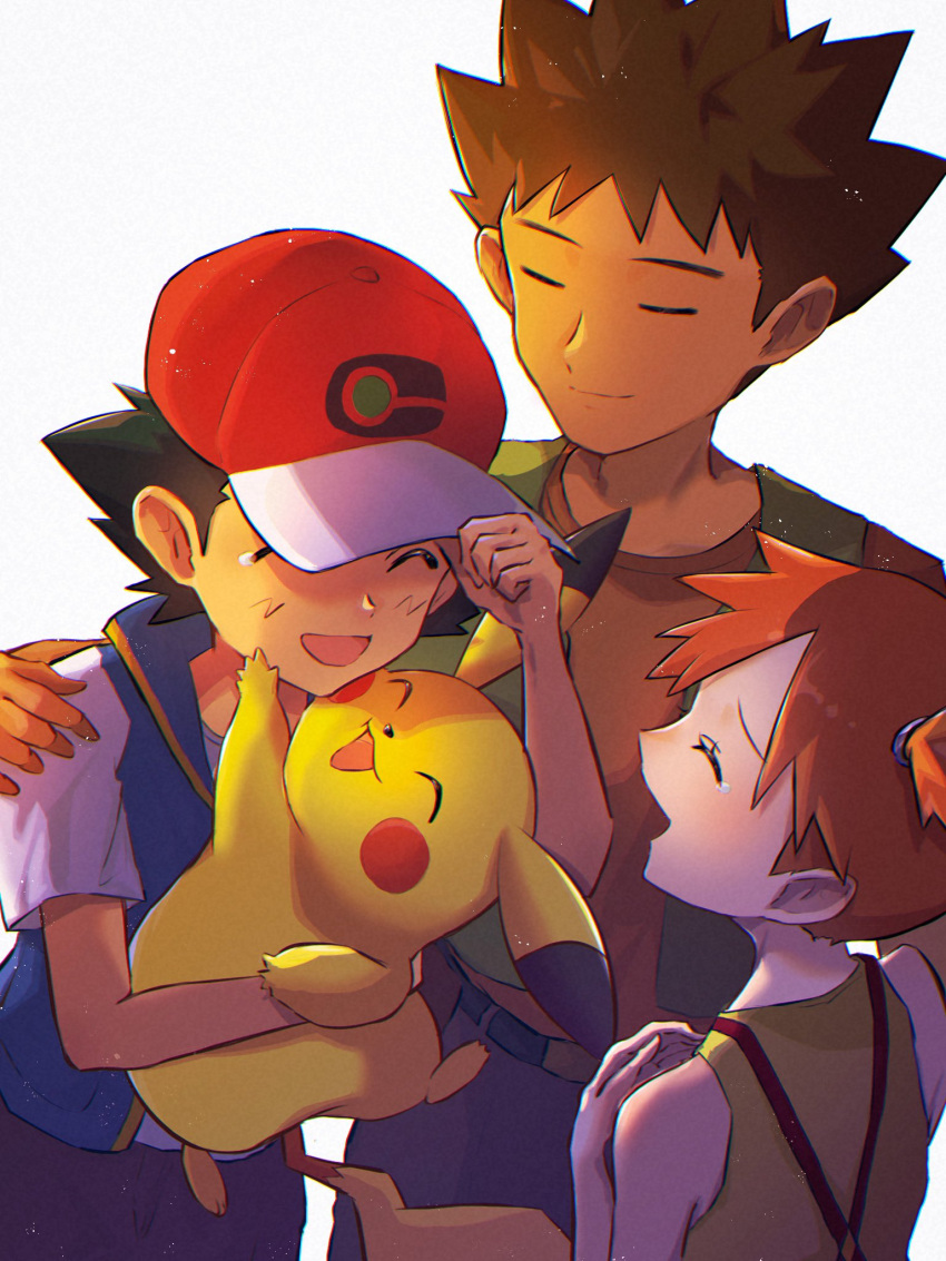 1girl 2boys adjusting_clothes adjusting_headwear anidf ash_ketchum baseball_cap blue_vest brock_(pokemon) closed_eyes closed_mouth green_vest hand_on_another's_cheek hand_on_another's_face hand_on_another's_shoulder hand_on_own_chest hat highres hug misty_(pokemon) multiple_boys open_mouth orange_shirt pikachu pokemon pokemon_(anime) shirt sleeveless suspenders tearing_up vest white_shirt yellow_shirt