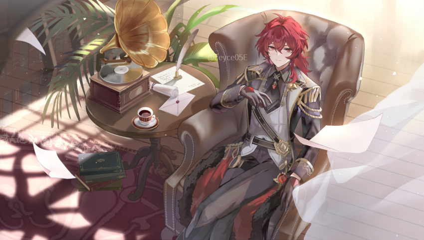 1boy black_coat black_gloves black_pants book ceyce05e closed_mouth coat couch crossed_legs cup curtains diluc_(genshin_impact) envelope fur_trim genshin_impact gloves hair_between_eyes highres indoors long_hair long_sleeves looking_at_viewer male_focus pants paper quill red_eyes red_hair saucer sitting solo twitter_username vision_(genshin_impact)