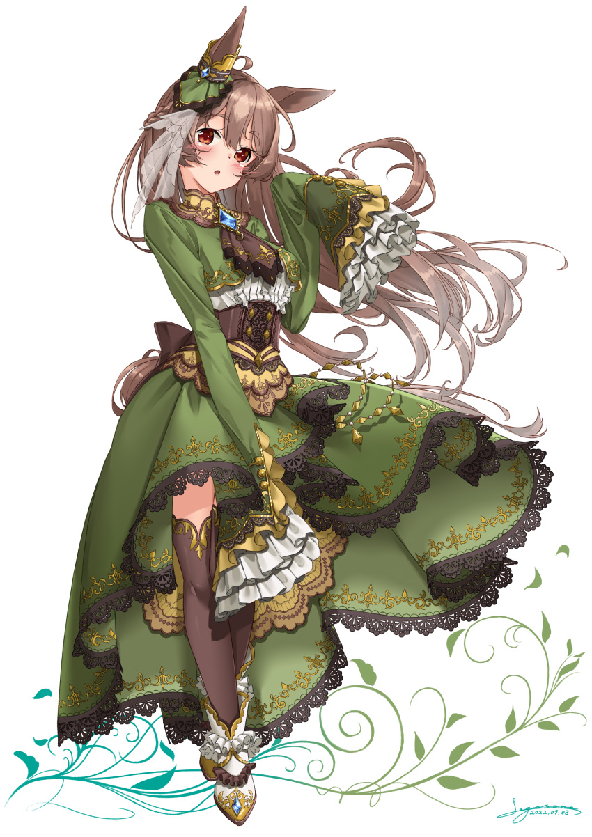 1girl :o absurdres animal_ears ankle_boots ascot black_thighhighs blush boots bow_skirt braid brown_ascot brown_eyes brown_hair commentary corset cropped_jacket ear_ornament french_braid frilled_footwear frilled_shirt frilled_sleeves frills full_body green_jacket green_skirt half_updo head_tilt high-low_skirt highres horse_ears horse_girl horse_tail jacket long_hair long_skirt long_sleeves looking_at_viewer multicolored_hair sagoromo_04 satono_diamond_(umamusume) shirt skirt sleeves_past_fingers sleeves_past_wrists solo streaked_hair tail thighhighs umamusume underbust white_footwear white_shirt