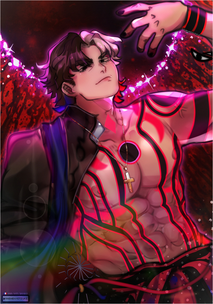 1boy abs absurdres bara bare_pectorals blush corruption cross cross_necklace empty_eyes evil_smile extra_eyes fate/grand_order fate_(series) half-closed_eyes hand_up head_tilt highres jewelry kotomine_kirei large_pectorals looking_at_viewer maewenmitzuki male_focus multicolored_hair muscular muscular_male necklace nipples open_clothes open_shirt pectorals priest rasputin_(fate) rasputin_(second_ascension)_(fate) smile solo split-color_hair thick_eyebrows v-shaped_eyebrows white_hair