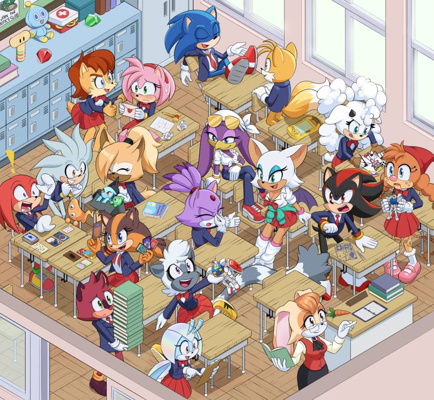 amy_rose blaze_the_cat book box card carrot chair chao_(sonic) chaos_emerald classroom door drawing dstears_art everyone handheld_game_console highres knuckles_the_echidna lanolin_the_sheep piko_piko_hammer protagonist_(the_murder_of_sonic_the_hedgehog) rouge_the_bat sally_acorn school_uniform shadow_the_hedgehog silver_the_hedgehog sonic_(series) sonic_boom_(game) sonic_colors sonic_riders sonic_the_hedgehog sonic_the_hedgehog_(archie_comics) sonic_the_hedgehog_(idw) sticks_the_badger table tails_(sonic) tangle_the_lemur the_murder_of_sonic_the_hedgehog toy toy_robot vanilla_the_rabbit wardrobe wave_the_swallow whisper_the_wolf wisp_(sonic) yacker_the_wisp