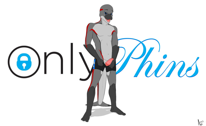 anthro avilon avilon_(fursona) cetacean clothing dolphin genitals hi_res male mammal marine markings penis pinup pose red_markings solo swimwear tapering_penis toothed_whale