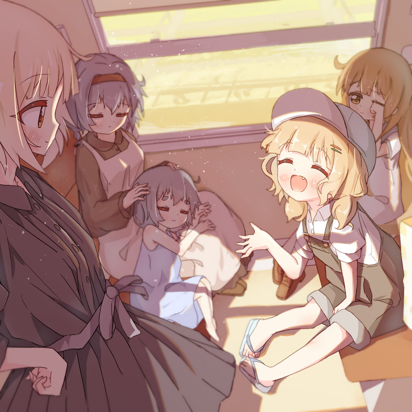 5girls absurdres apron between_legs blue_dress blue_hair blush brown_dress brown_eyes brown_footwear brown_hair closed_eyes dress fang flip-flops furutani_himawari furutani_kaede hair_ornament hand_on_own_hip headband highres indoors lap_pillow light_brown_hair long_hair looking_down multiple_girls oomuro-ke oomuro_hanako oomuro_nadeshiko oomuro_sakurako open_mouth overalls rubbing_eyes sandals shogagrad short_hair siblings sitting smile thick_eyebrows very_long_hair white_apron window yuru_yuri