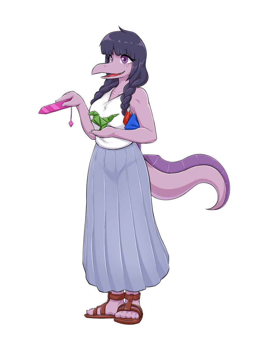 5_toes alpha_channel anthro bangs bottomwear braided_hair breasts clothing dinosaur feet female footwear frilled_tail goodbye_volcano_high hair hi_res holding_object humanoid_feet long_skirt long_tail open_mouth origami papercraft plantigrade purple_body purple_eyes reptile rosemary_(gvh) sandals scalie shirt simple_background skirt sleeveless_shirt snoot_game solo tail tank_top toes tongue topwear transparent_background unknown_artist v-neck