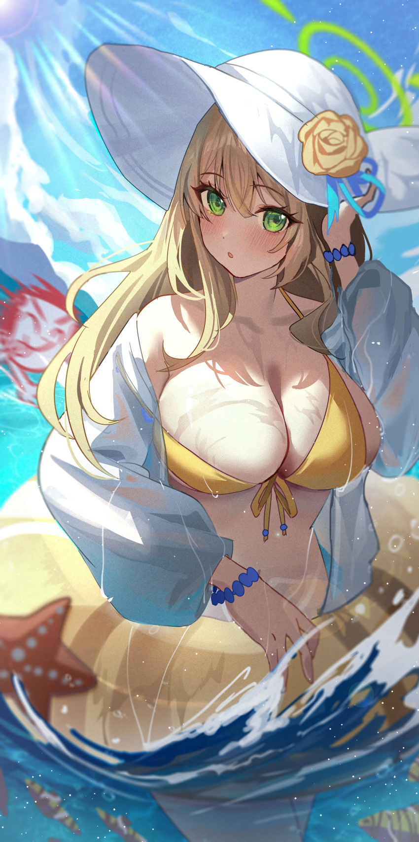 1girl 1other :o absurdres arona's_sensei_doodle_(blue_archive) bikini blue_archive blush bracelet breasts cleavage fish front-tie_bikini_top front-tie_top green_eyes halo hat highres innertube jewelry large_breasts light_brown_hair looking_at_viewer motion_blur nonomi_(blue_archive) nonomi_(swimsuit)_(blue_archive) sensei_(blue_archive) solo starfish sun_hat swimsuit tansuan_(ensj3875) tongue tongue_out yellow_bikini