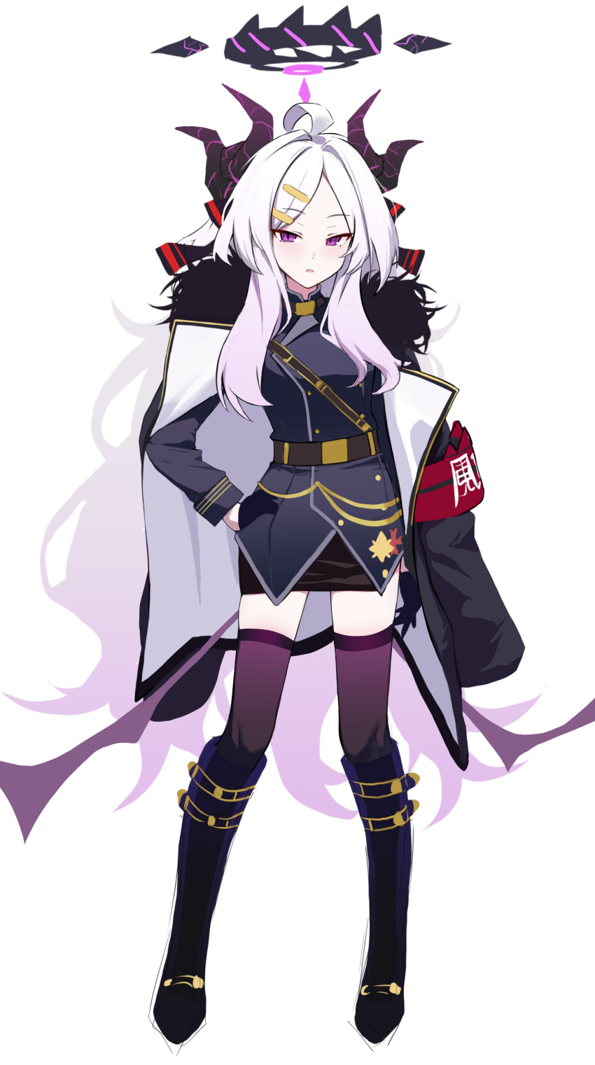 1girl absurdres ahoge aiguillette bburi black_coat black_footwear black_horns black_thighhighs blue_archive boots coat coat_on_shoulders demon_horns halo highres hina_(blue_archive) horns knee_boots long_hair long_sleeves military_uniform multiple_horns open_mouth parted_bangs purple_eyes simple_background solo thighhighs uniform very_long_hair white_background white_hair