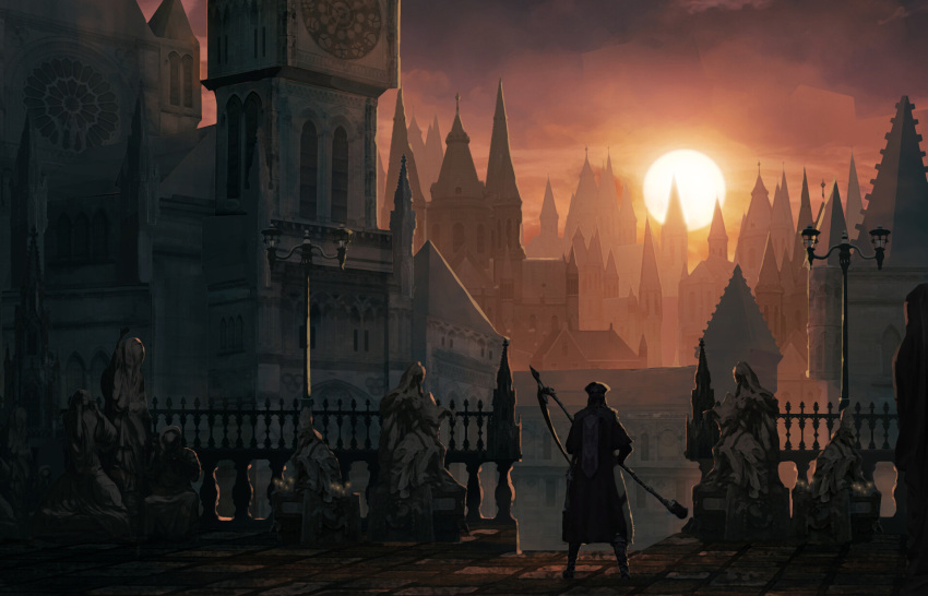 1boy architecture bloodborne building city clock clock_tower coat european_architecture fence gothic_architecture hat highres holding holding_scythe holding_weapon hunter_(bloodborne) ihf95 iron_fence lamp lamppost lantern outdoors scenery scythe solo standing statue sun sunlight sword tower tricorne weapon yharnam