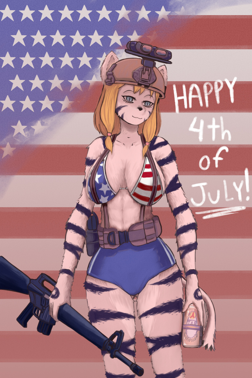 4th_of_july absurd_res alcohol anthro armor assault_rifle beer beverage beverage_can breasts erika_(pistolpete) felid female gun headgear helmet hi_res m16 m16a1 mammal pantherine ranged_weapon rifle solo stars_and_stripes tabulathetablet tiger united_states_of_america weapon