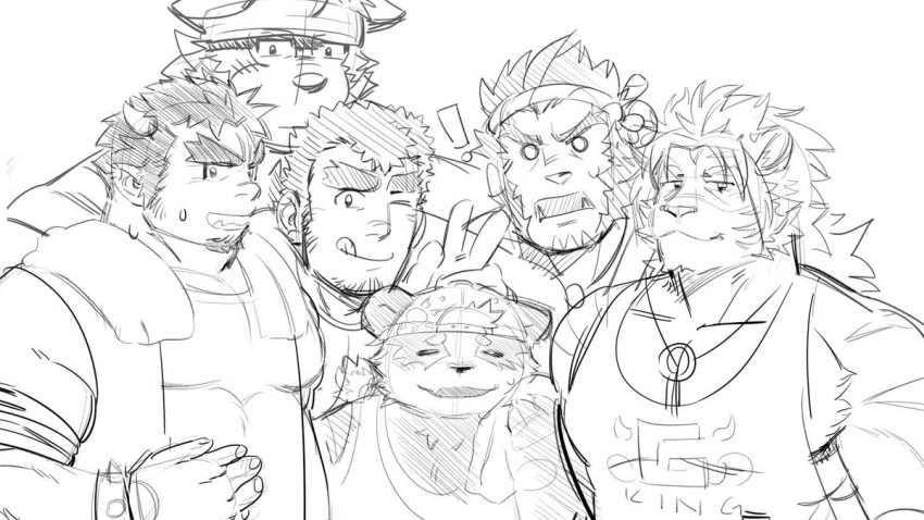 ! 6+boys :q backwards_hat bad_id bad_twitter_id bara boarsunrise character_request cow_horns forked_eyebrows furry furry_male goatee_stubble greyscale group_picture hachimaki hat headband height_difference horns huge_eyebrows jewelry large_pectorals male_focus mature_male monochrome multiple_boys muscular muscular_male necklace nomad_(housamo) o_o pectoral_cleavage pectorals short_hair sideburns sidepec sketch smile tajikarao_(housamo) takabushi_kengo tank_top tetsuox_(housamo) tokyo_afterschool_summoners tongue tongue_out upper_body v v-shaped_eyebrows white_tank_top