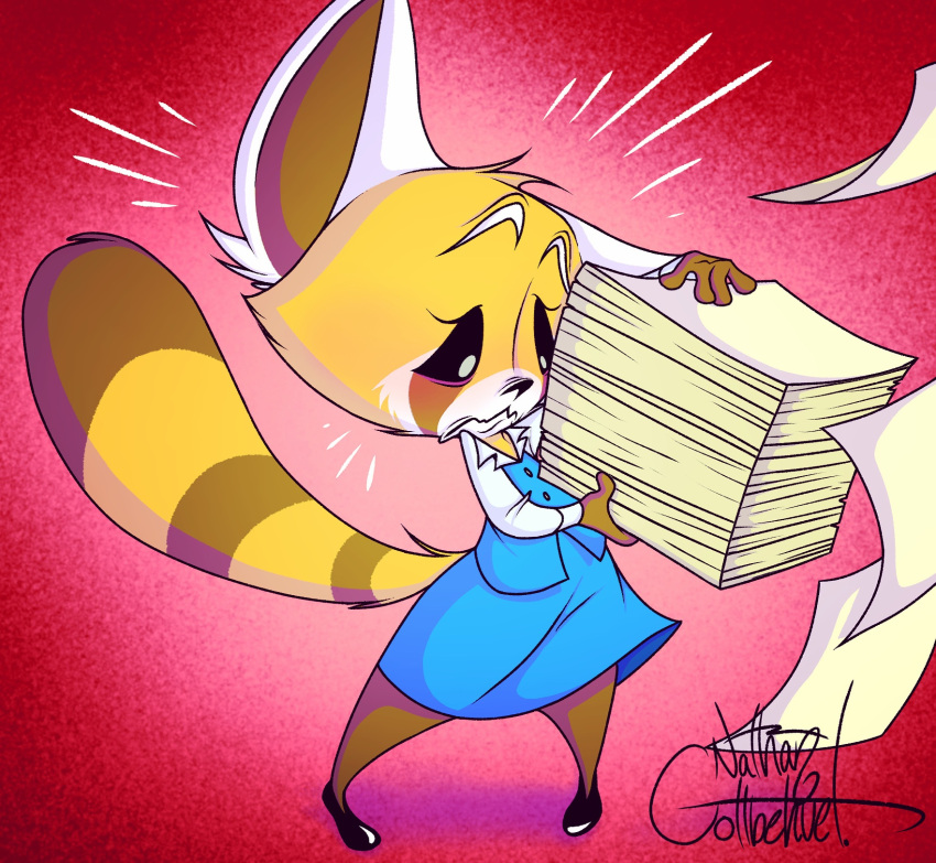 2022 4_fingers aggretsuko ailurid anthro artist_name black_clothing black_eyes black_footwear black_shoes black_text blue_bottomwear blue_clothing blue_jacket blue_skirt blue_topwear bottomwear brown_hands brown_inner_ear brown_legs brown_markings carrying cheek_tuft clothed clothed_anthro clothed_female clothing colored digital_drawing_(artwork) digital_media_(artwork) ear_tuft eyebrows facial_tuft female female_anthro fingers footwear fur gloves_(marking) head_tuft hi_res holding_object holding_paper jacket mammal markings no_sclera office_lady orange_tail paper paper_stack pigeon_toed pupils red_background red_panda retsuko ring_(marking) ringtail sanrio shirt shoes signature silentjack simple_background skirt sleeveless_jacket solo standing tail tail_markings text topwear tuft wavy_mouth white_clothing white_ears white_eyebrows white_markings white_pupils white_shirt white_topwear