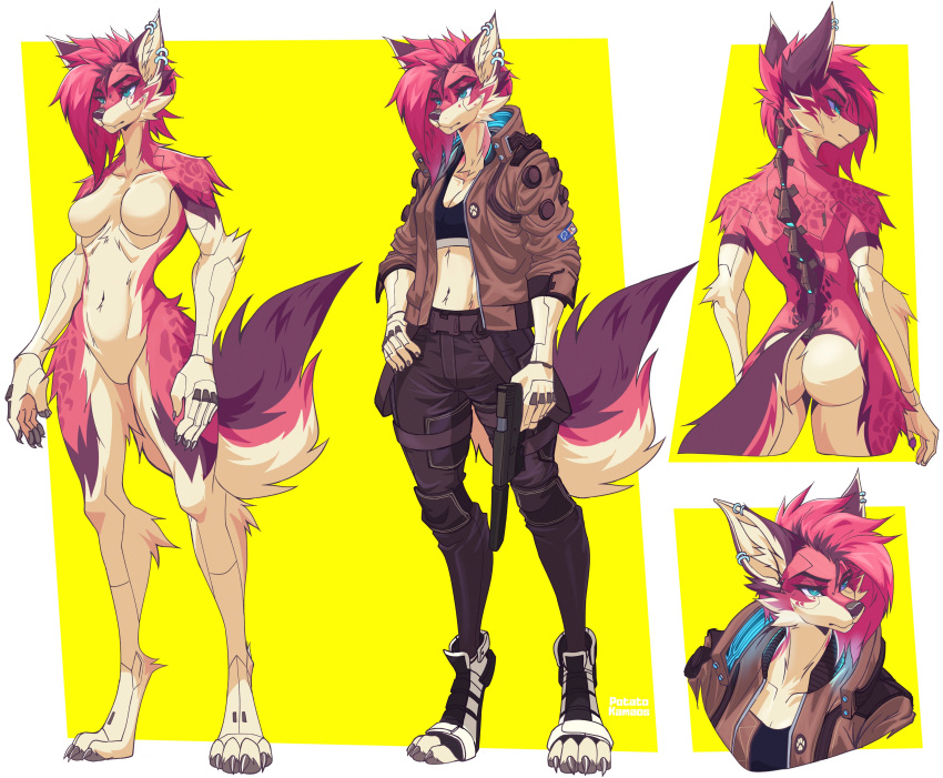 absurd_res anthro blue_eyes canid canine canis ear_piercing ear_ring female fur hair hi_res mammal piercing pink_body pink_fur pink_hair potatokamaos ring_piercing solo wolf